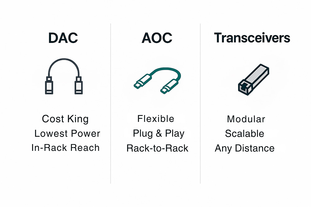 DAC vs AOC vs Transceivers Icon Summary