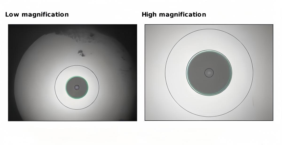 Comparison of a clean vs. a dirty fiber optic connector end-face under a microscope.